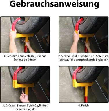 Універсальний іммобілайзер XMTECH Колесо Кіготь Кіготь Кіготь, Паркувальний кіготь Блокування колеса Протиугінний пристрій із замком безпеки та 2 ключами, регулюється для автомобіля, причепа, каравану, автофургону, червоного/жовтого
