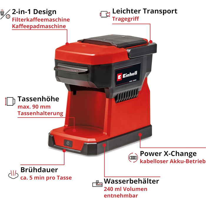 Акумуляторна кавоварка Einhell TE-CF 18 Li-Solo Power X-Change (18 В, 240 мл контейнер для води, для фільтр-кави та кавових капсул, ручка для перенесення, в т.ч. кавова чашка з кришкою, без акумулятора) без акумулятора та зарядного пристрою, в т.ч. чашка 