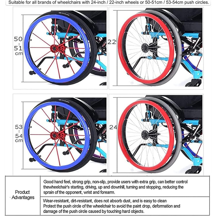 Силіконові чохли на ободи для захвату інвалідного візка, нековзкі зносостійкі чохли для рук, чохли для обода для крісла колісного, чохли на задні колеса для інвалідного візка для покращення зчеплення та зчеплення (колір синій, розмір синій 22 дюйми
