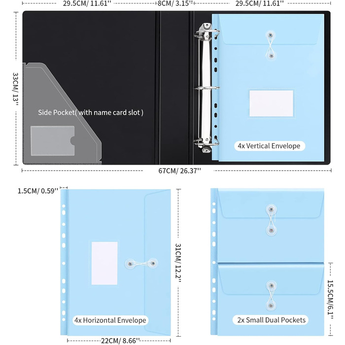 Кільцева папка Uquelic, органайзер для файлів із сумкою для документів A4 Пакет з фольги A4, розширювані перфораційні кишені Папки для впорядкування документів, фотографій, листів, синій