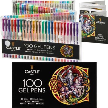 Професійний набір для малювання Castle Art Supplies 100 гелевих ручок Малювання, скетчінг, зошити Чудові кольори, ефекти завитки, блискітки, неон, пастель, металік з м'якими, тонкими кінчиками