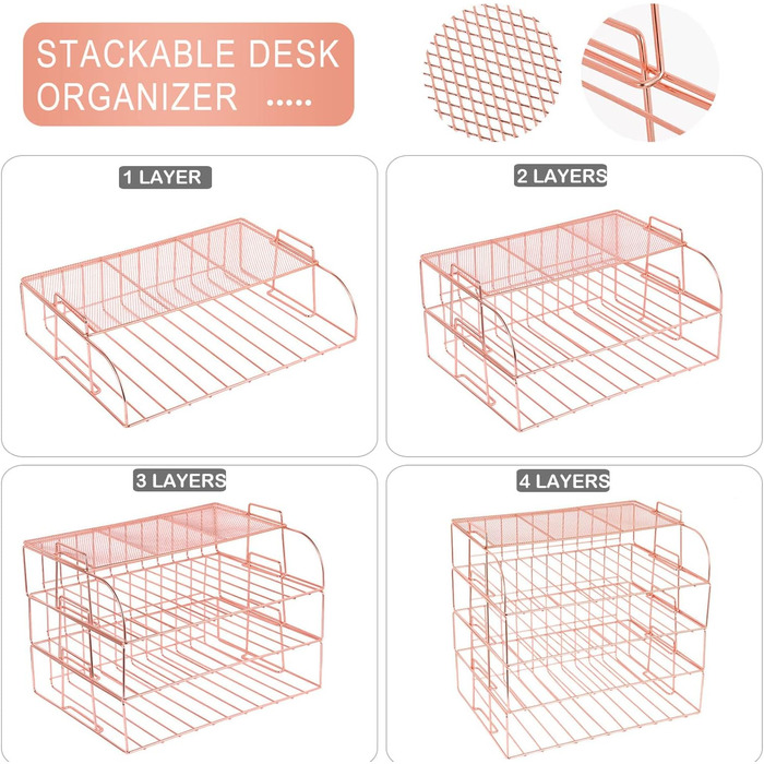 Лоток для листів A4, відсіки для зберігання Штабельований стіл-органайзер Лоток, органайзер для канцелярського приладдя Рожеве золото Відділення для зберігання для школи, дому та офісу