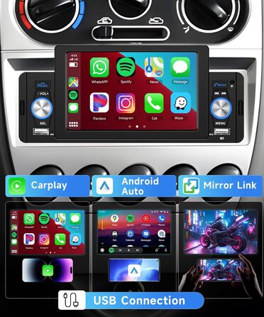 Автомагнітола Podofo Carplay 1din Android автомобіль з екраном 5', автомобільне радіо Bluetooth з навігаційним дзеркальним зв'язком FM Подвійний USB/мікрофон/AUX/відеовихід/керування кермом Камера заднього виду