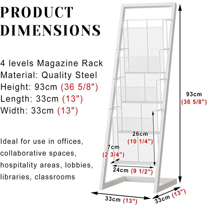Підлоговий стелаж для журналів і брошур, 4/5 рівнів, металевий з широкою основою, кошики для журналів для розміщення на підлозі, для журналів, книг, газет, планшетів вдома або в офісі 93 см Білий