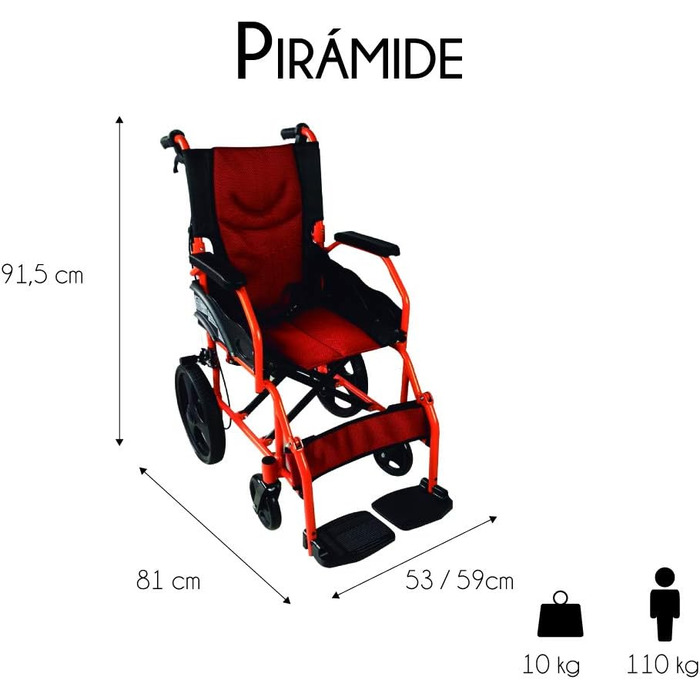 Інвалідний візок, Складний, Легкий, Сидіння 46 см, Дві гальмівні системи, Відкидна спинка, Алюміній, Складні підніжки, Модель Piramide, Маленькі колеса, Фіксовані підлокітники