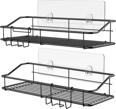 Душова полиця Nieifi без свердління, полиці для душових кошиків з гачками самоклеючі, полиця для ванної кімнати, полиця для зберігання, для ванної кімнати, туалету, кухні з нержавіючої сталі, дизайн 2 упаковки чорний