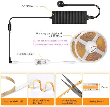 Світлодіодна стрічка SUBOSI Wifi COB з можливістю затемнення DC24V 2700K Інтелектуальне керування програмами 384 світлодіоди/м 6 Вт/м Світлодіодна стрічка з диммером Wi-Fi та блоком живлення, смугова світлова стрічка працює з Google Home Assistant/Alexa (