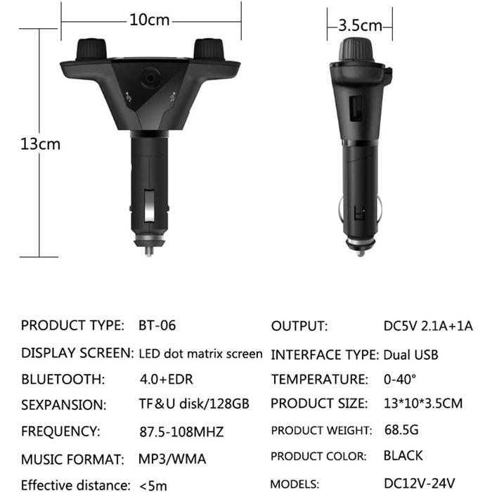 Автомобільний Bluetooth-передавач,MoreChioce Dual USB Bluetooth 4.0 Handsfree Bluetooth адаптер Приймач Bluetooth-передавач Музичний плеєр підтримує TF-карту з 1.3-дюймовим екраном