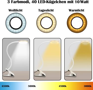 Письмовий стіл CeSunlight 10W Clamp Lamp, світлодіодна лампа для читання як приліжкова лампа, тепле світло, денне та біле світло 3 кольори, 10 режимів освітлення з регулюванням яскравості (адаптер у комплекті)