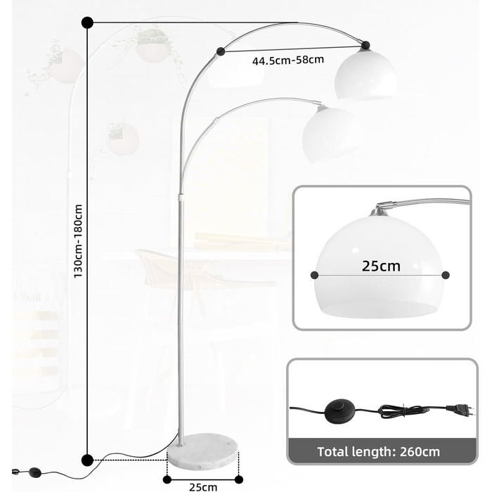 Дугова лампа Регульована по висоті Мармурова основа Білий помаранчевий торшер Торшер Торшер Торшер Дугова лампа Арка Торшер, колір помаранчевий, регулюється по висоті 130-180 см (дугова лампа, білий, висота 130-180 см), 27