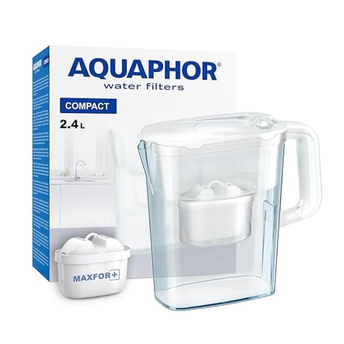 Фільтр для води AQUAPHOR Компактний білий вкл. 1 фільтр Maxfor I Пластиковий графин 2,4 л I Зменшує вапняний наліт, хлор і важкі метали I Компактний і легкий фільтр для води I Розміщується в дверцятах холодильника