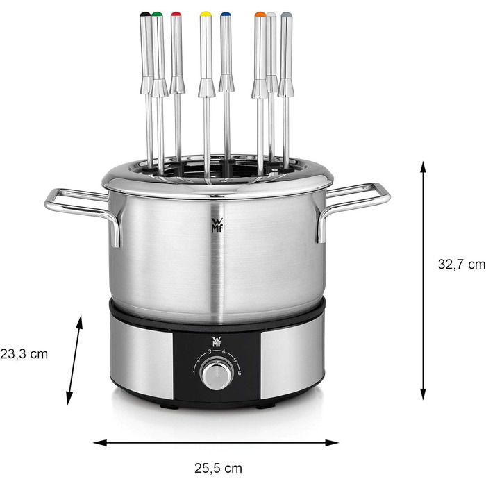 Набір фондю WMF Lono на 8 осіб, фондю електричне, 1400 Вт, регулювання температури, тримач для вилки, індукційний горщик 1,2 л, гаряча каструля, матова нержавіюча сталь