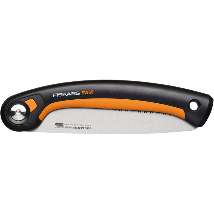 Складна пила Fiskars Plus, для товстих колод і гілок, 3 положення різання, гостре лезо з електроприводом, груба зубчастість, довжина леза 21 см, чорний/помаранчевий, пила SW69, 1067553 (полотно 20 см)