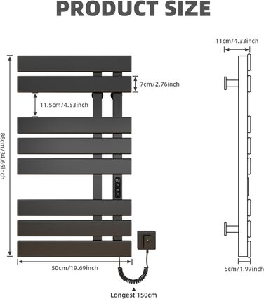Рушникосушка електрична, Радіатор для ванної кімнати електричний білий, 500880 мм, 300 Вт, Рушникосушка електрична, Радіатор для ванної кімнати, Рушникосушка для ванної кімнати, Енергозберігаючий, IPX5-Чорний Лівий