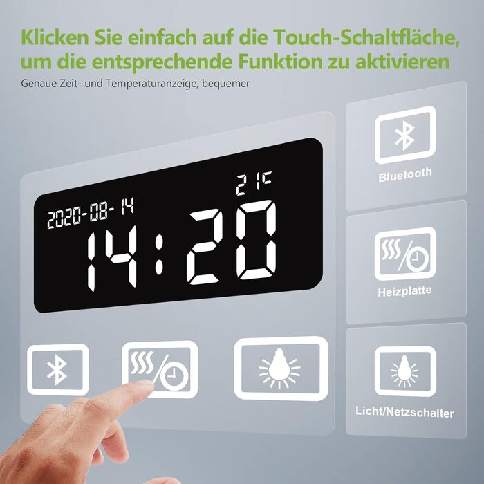 Дзеркало для ванної кімнати з підсвічуванням 100x60см Настінне дзеркало Світлодіодне дзеркало для ванної кімнати з сенсорним вимикачем анти-туман годинник Bluetooth 3 кольори світла Теплий білий Нейтральний білий Холодний білий Світле дзеркало 3 кольори с