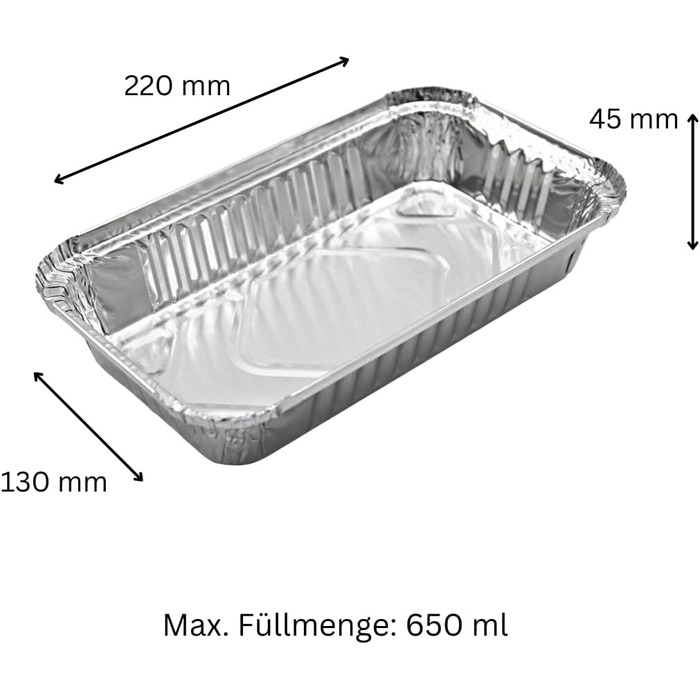 Алюмінієвий лоток R65-650L в упаковці - 100 шт. алюмінієвих лотків для гриля 20x10,5x5 см - термоконтейнер 650 мл - піддон для збору жиру як аксесуар для гриля, контейнер для їжі, невелика форма для запікання - вогнетривкий алюмінієвий лоток для гриля.