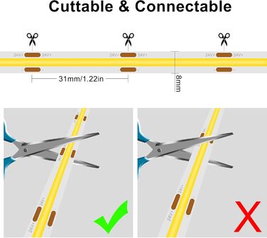 Світлодіодна стрічка TTWAY COB 10M, 2700K тепла біла світлодіодна стрічка з 384 світлодіодами/м, CRI 93, DC24V, роз'єм Cob 8 мм, рівномірне світло, світлодіодна стрічка для прикраси спальні (блок живлення не входить у комплект) 2700k 10M