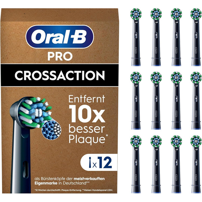 Щітки для електричної зубної щітки Oral-B Pro CrossAction, 12 шт. , для чищення зубів, X-щетина, оригінальна насадка для зубної щітки Oral-B, упаковка готова до поштової скриньки, виробництво Німеччина, чорна 12 шт. 12 шт. (1 упаковка) CrossAction