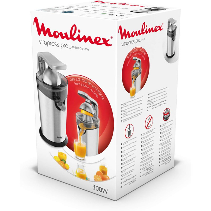 Електрична соковижималка Moulinex Vitapress Pro PC700D, 300 Вт, нержавіюча сталь, безпосередньо на чашці, знімні деталі, важіль тиску, максимальне витяжка, герметичність, нековзне дно, чорний