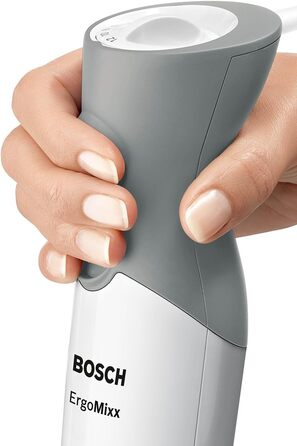 Ручний блендер Bosch ErgoMixx MSM66020, ніжка блендера, змішувально-мірний стакан, 4-лезовий ніж, ергономічний дизайн, 12 рівнів плюс турбо, 600 Вт, білий/сірий, білий/сірий