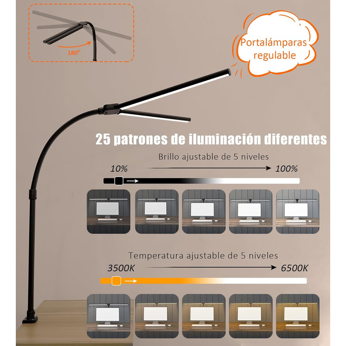 Настільна лампа з подвійною головою LED з регулюванням яскравості, 24 Вт 80 см, затискний домашній офіс, лампа денного світла, настільна лампа, офісна настільна лампа на гусячій шиї, чорна, монітор захисту очей, 5 колірних режимів
