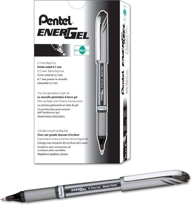 Рідка гелева ручка Pentel EnerGel NV, 0,7 мм, середня лінія з кришкою, металевий наконечник, чорне чорнило, коробка 12 шт. (BL27-A) від Pentel