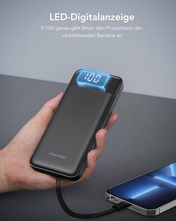 Зовнішній акумулятор USB C Powerbank з 4 вбудованими зарядними кабелями Портативний зарядний пристрій зі світлодіодним дисплеєм Компактний Тонкий 6 виходів Сумісний з планшетом iPhone, Huawei, Samsung Чорний, 10000mAh