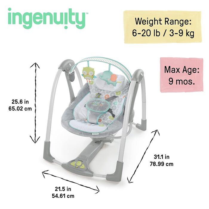 Розбірна та портативна дитяча гойдалка, 5 швидкостей гойдання, 8 мелодій, 3 звуки природи, регулювання гучності та вішалка для іграшок, від народження до 9 кг