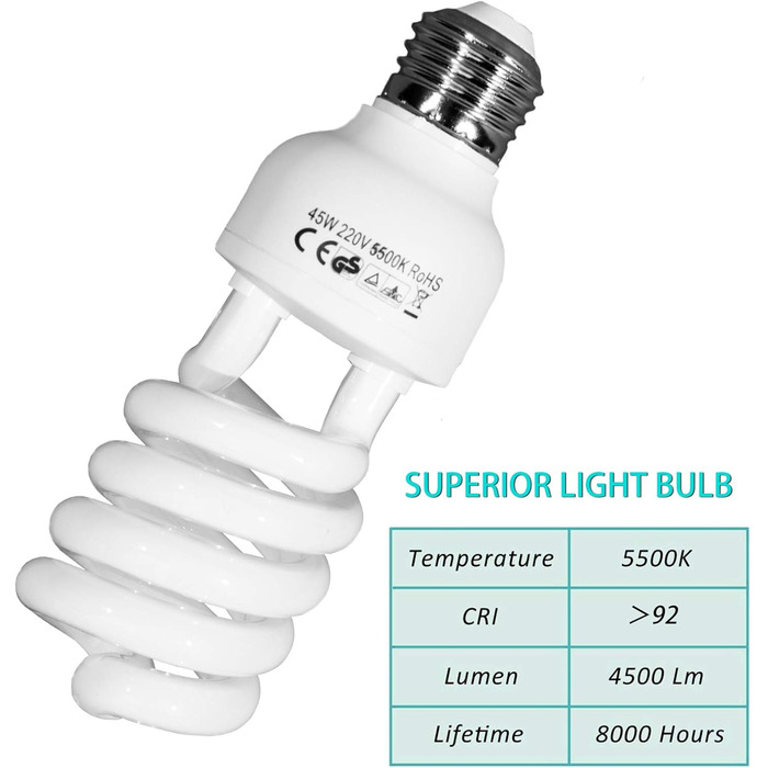 Фотолампа E27 45W 220V 5500K денне світло спіральна, енергозберігаюча лампа E27 лампочка для фотостудії Освітлення Відео освітлення 4x45W, 4 шт.