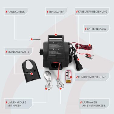 Лебідка електрична ROTFUCHS 12v для човнового причепа з радіопультом дистанційного керування тягове зусилля 4990 кг, лебідка човнова електрична, трос лебідки тяговий синтетичний канат 4990 кг/синтетичний канат