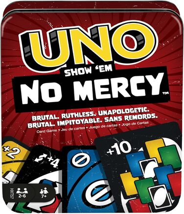 Карткова гра Mattel Games UNO No Mercy в коробці для зберігання на винос для дітей, дорослих та сімейних вечорів з додатковими картами, особливими правилами та жорсткішими покараннями, HXT57