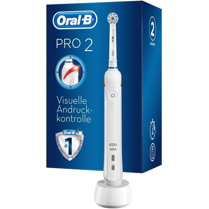 Електрична зубна щітка Oral-B PRO 2 з візуальним контролем тиску для додаткового захисту ясен, 2 програми чищення в т.ч. чутлива, таймер, 1 щітка Sensitive Clean, біла