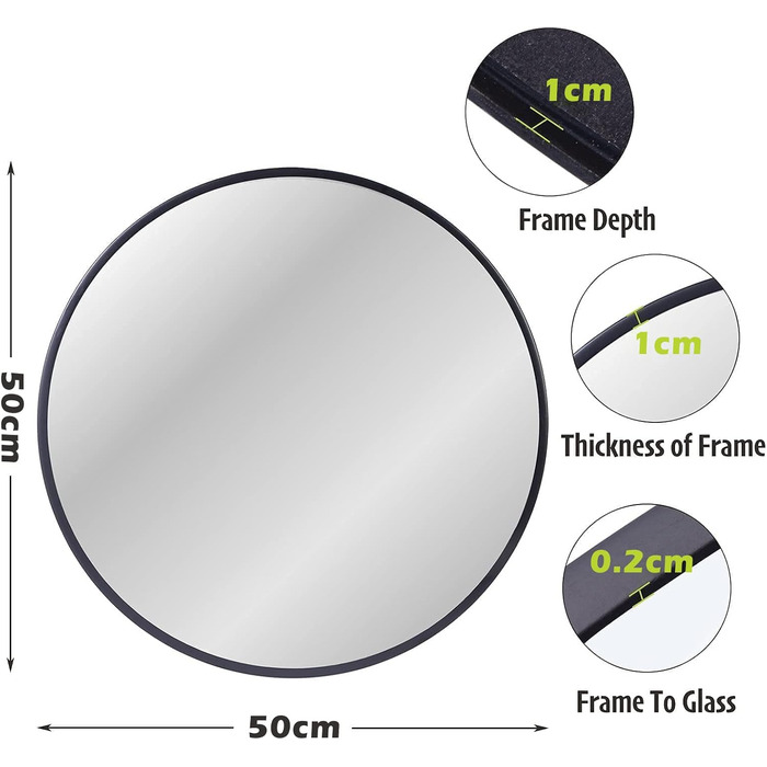Дзеркало кругле, настінне дзеркало 50x50 см кругле з високоякісною чорною металевою рамою, дзеркало для ванної кімнати, сучасний дизайн великого дзеркала, для передпокою, ванної кімнати, вітальні тощо чорного кольору 50 x 50 см