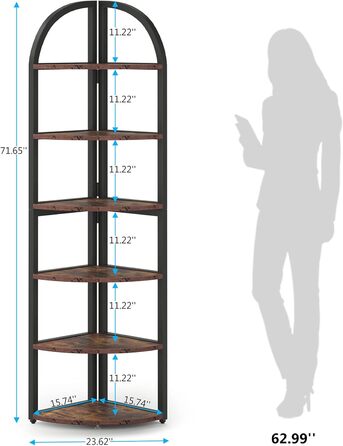 Кутова полиця Tribesigns, Книжкова шафа з 6 ярусами, Полиця для зберігання, Полиця для зберігання зі сталевим каркасом, 42x42x180см, Полиця для рослин для вітальні, Промисловий дизайн, вінтажний коричнево-чорний