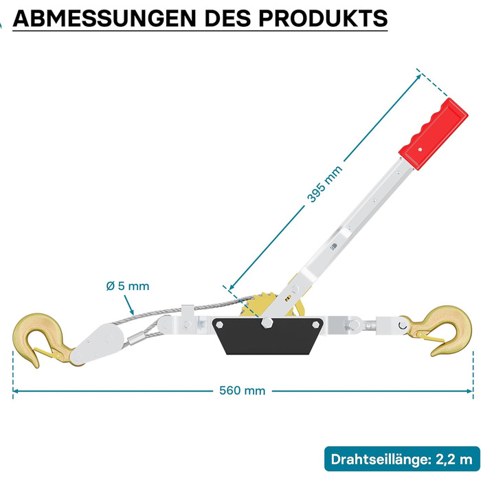 Ручний канатний підйомник Wiltec з тросом 2,2 м до 2000 кг, шків з 2 гаками, лебідка з гаком для безпечного вантажу, лебідка з ручною канатною лебідкою з 2 передачами