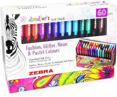 Гелеві ручки Zebra Doodler'z, 1,0 мм, модні, блискучі, неонові та пастельні кольори, подарункова коробка з 60 ручок