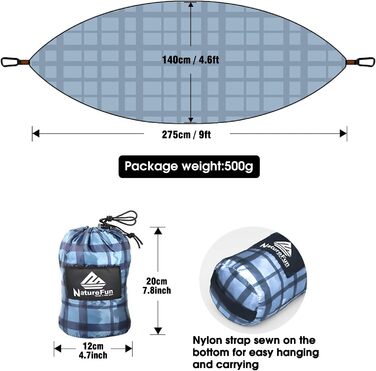 Туристичний кемпінг-гамак NATUREFUN 275 x 140 см преміум-класу максимальна вантажопідйомність до  300 кг дихаючий, швидковисихаючий з парашутного нейлону з 2 карабінами