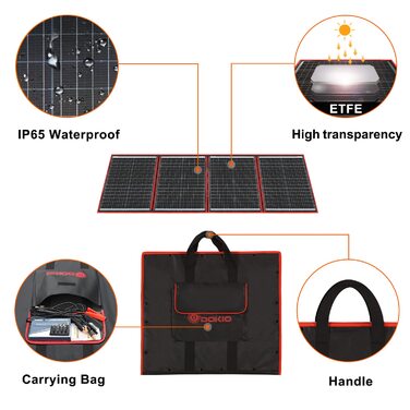 Складна сонячна панель DOKIO 160 Вт Монокристалічний портативний сонячний модуль Сонячна система для кемпінгу Повний набір (контролер заряду від сонячної енергії фотоелектричний кабель 5 адаптерів постійного струму 2 виходи USB)