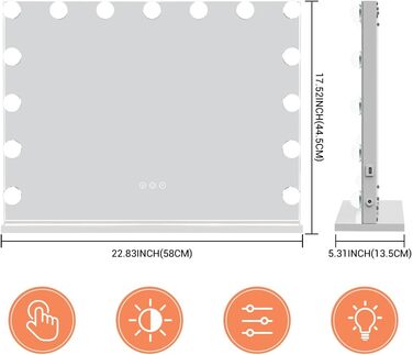 Голлівудське дзеркало для макіяжу з 15 світлодіодним підсвічуванням, косметичне дзеркало з сенсорним екраном з підсвічуванням, 3 колірні модифікації, регульована яскравість, з USB, настільне або настінне кріплення, біле 44.5L x 58B см, 2-FNS