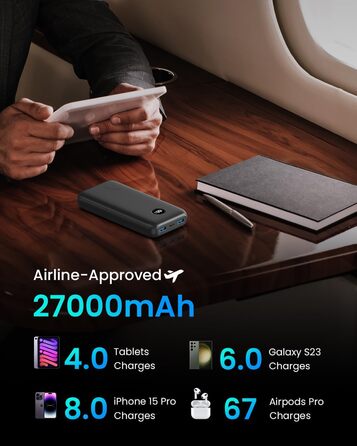 Зовнішня батарея SOARAISE 22,5W PD 3.0 QC 4.0 Power Bank зі світлодіодним дисплеєм USB-C, вхід і вихід, портативний зарядний пристрій для iPhone, планшетів Samsung, 27000mAh