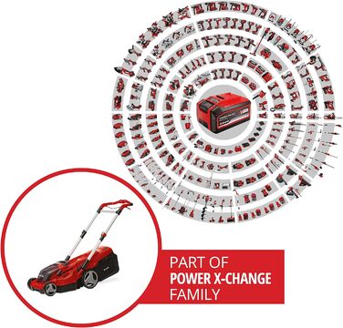 Акумуляторна газонокосарка Einhell RASARRO 36/38 Kit Kit Power X-Change (36 В, ширина скошування 38 см, 450 м, безщіткова, функція мульчування, травозбірник 45 л, в т.ч. 2 акумулятори по 4,0 Ач Twincharger) до 450 м