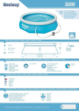 Набір для наземного басейну Bestway Fast Set з фільтруючим насосом Ø 305 x 76 см, блакитний, круглий
