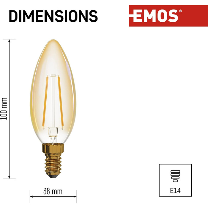 Світлодіодна лампа EMOS Filament Vintage Candle, 2,1 Вт, заміна лампи 20 Вт, цоколь E14, яскравість 190 лм, теплий білий 2200 К, термін служби 25 000 годин, CRI min 80, кут променя 320, жовтий