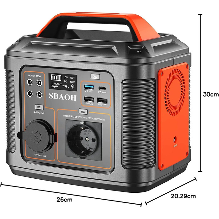 Портативна електростанція 300 Вт, швидка зарядка генератора SBAOH 296 Вт-год. Розетки змінного струму 230 В/порти постійного струму та світлодіодний ліхтарик, мобільний генератор енергії для подорожей/кемпінгів/природи