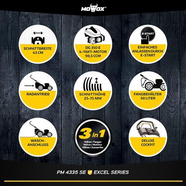 Самохідна бензинова газонокосарка 3 в 1 з електричним запуском, мін. 1,6 кВт/2800 об/хв, 43 см, мішок для трави 50 л, колеса на шарикопідшипниках, 4335 SE