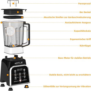 Блендер KOTLIE, великий професійний кухонний блендер, 8 програм на вибір для подрібнення льоду/молочного коктейлю/подрібнення/вичавлювання соку, пластиковий контейнер без 2 л BPA, 2000 Вт (BS-0212)