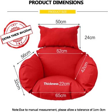 Подушка для крісла-гойдалки, подушка для крісла-гамака з ремінцем, подушка для крісла-гамака з ремінцем, 20 см, ультра товста подушка для підвісних крісел-гамаків для приміщень і вулиці (Синій) Синій