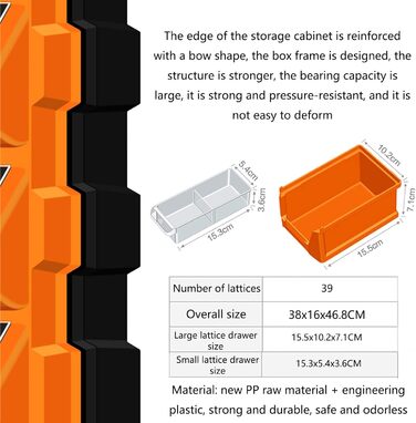 Шафа для зберігання пластикових деталей Ящик для інструментів, Шафа для зберігання деталей Шафа для рукоділля, 39 ящиків, шурупи з бісером, органайзер для гайок, коробка для зберігання фурнітури відсіку 38x16x46.8CM помаранчевий, 001