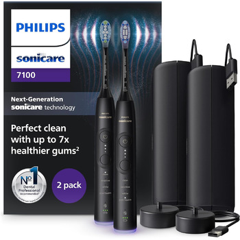 Електрична зубна щітка Philips Sonicare 7100, звукова зубна щітка з додатком, 4 режими очищення та 3 рівні інтенсивності, контроль тиску, EasyStart, SmarTimer і BrushPacer, чорна, 2 шт., модель HX7429/03