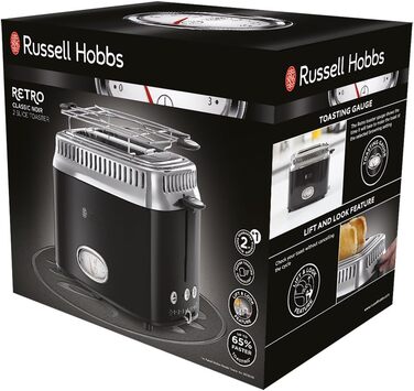 Тостер Russell Hobbs на 2 скибочки Retro Stainless Steel Black (дисплей зворотного відліку в ретро-дизайні, в т.ч. насадка для булочки, 6 рівнів підрум'янювання функція розморожування та підігріву, 1300 Вт) Vintage 21681-56